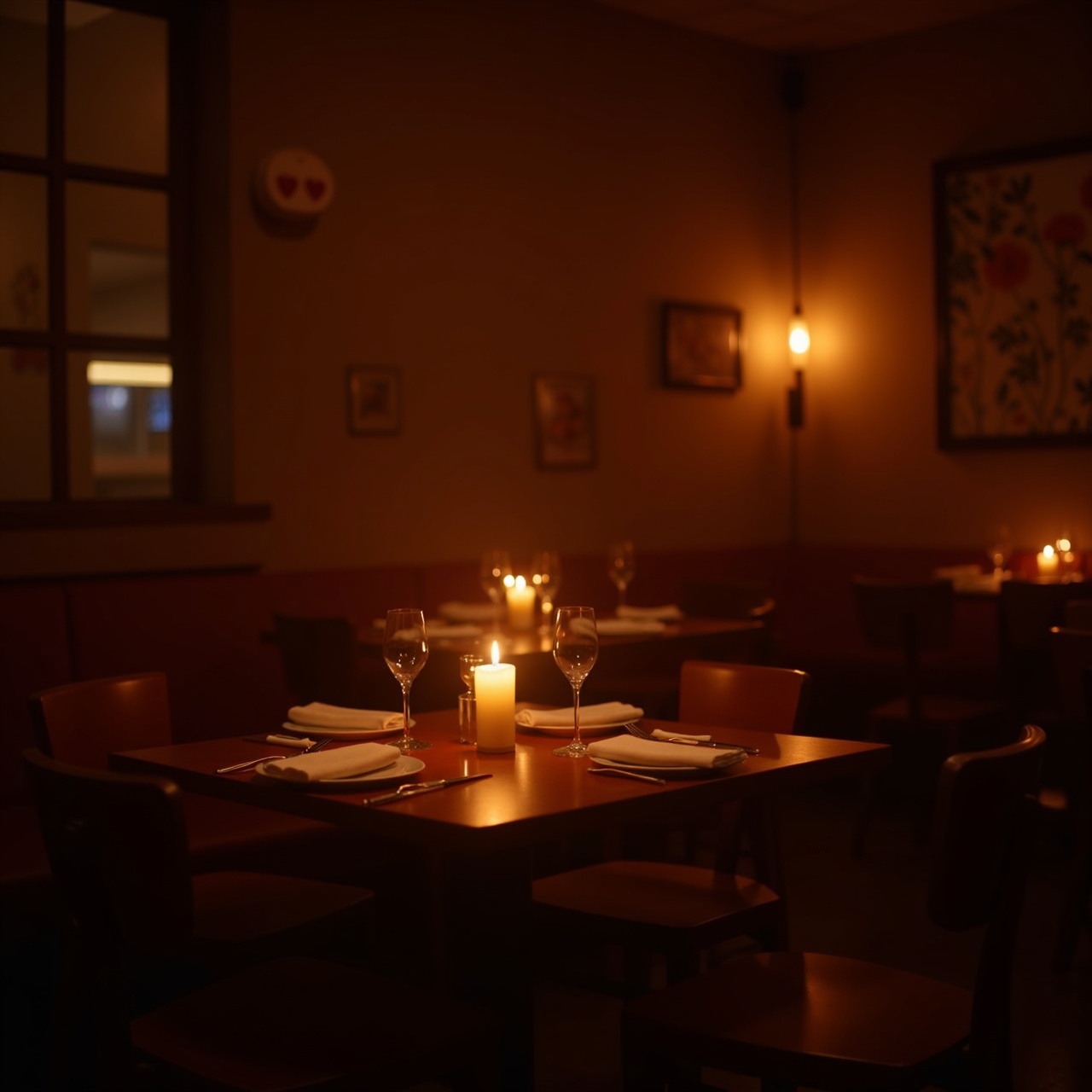 warm candle-lit dining room at night