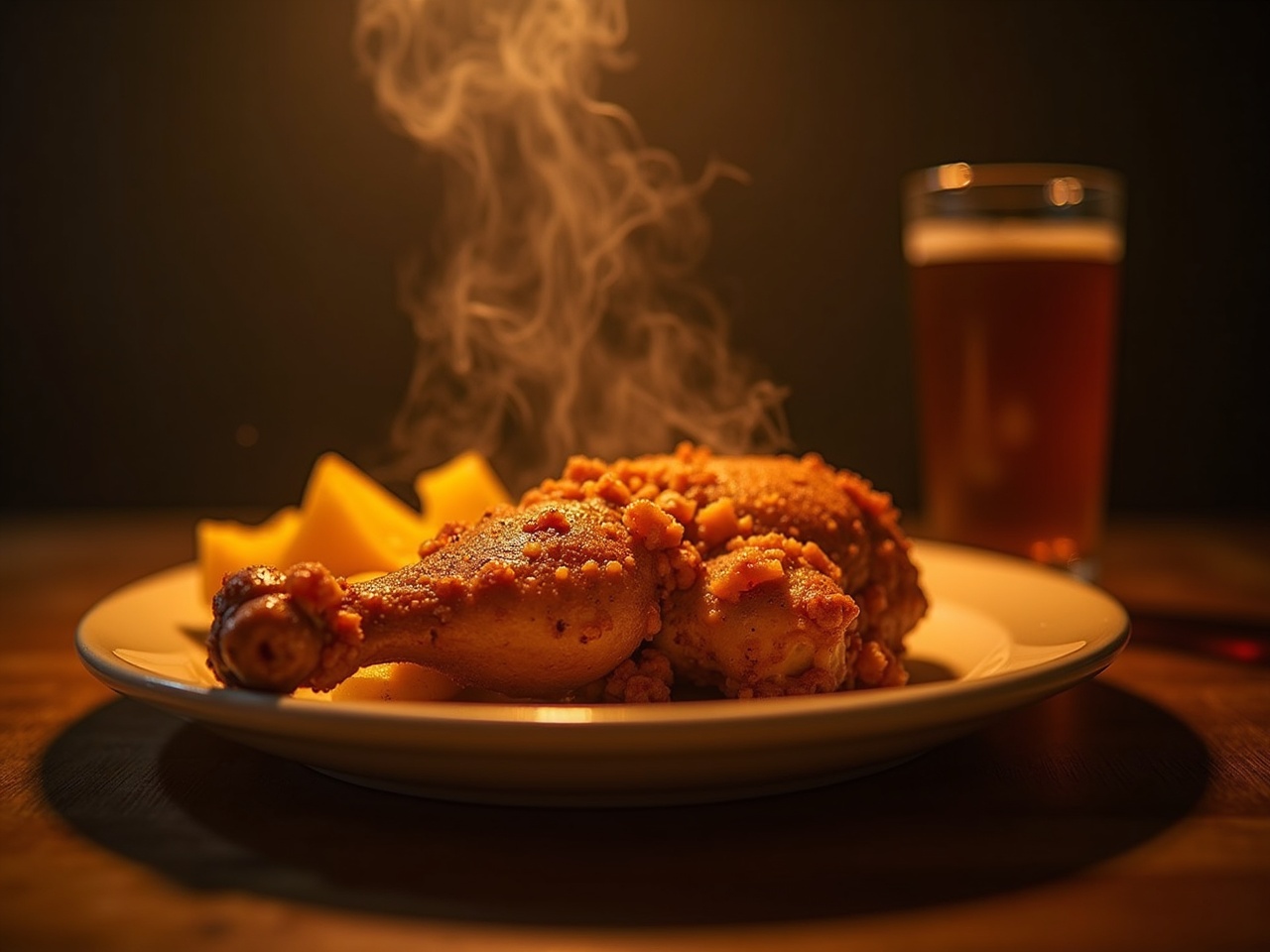 Pollo entero dorado y trinchado sobre tabla de madera, jugos visibles