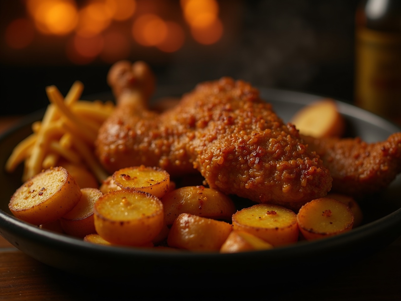 Medio pollo asado junto a patatas tostadas en bandeja de hierro