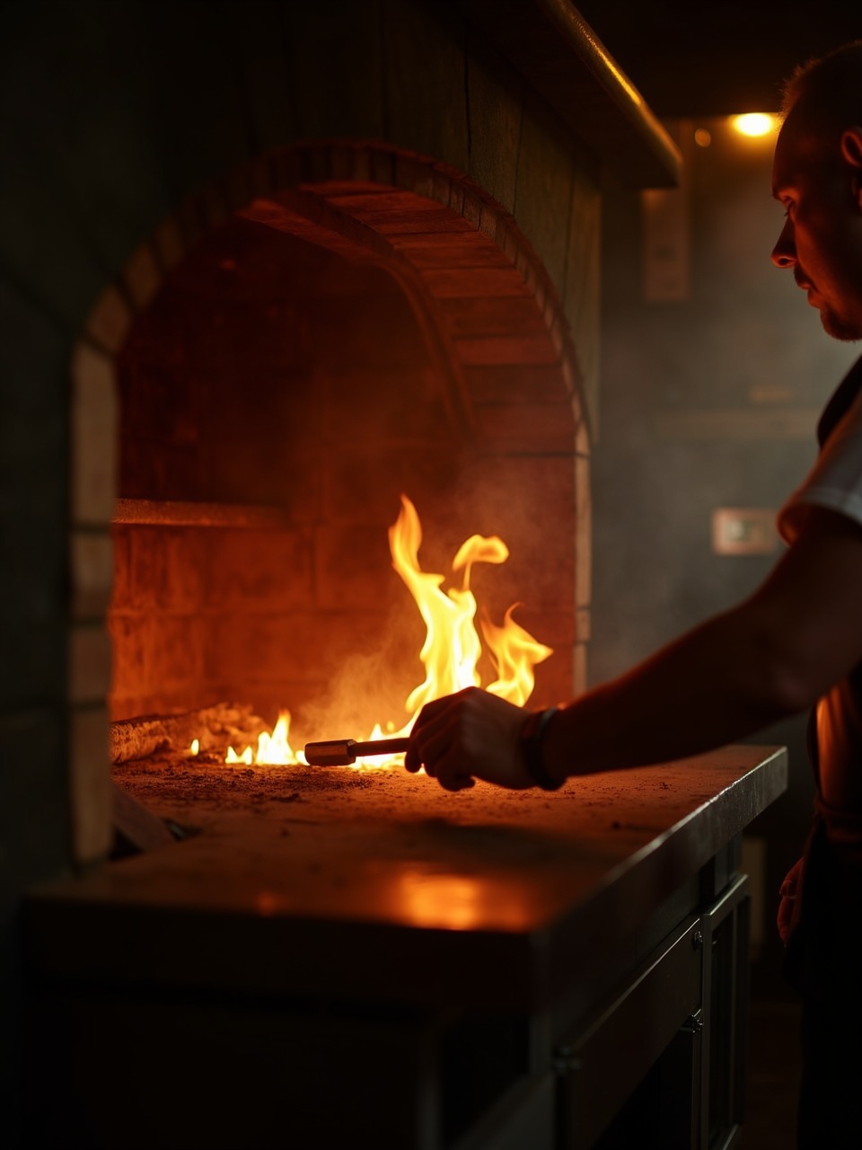 Cocinero controlando brasas dentro de un horno de leña artesanal, luz cálida del fuego