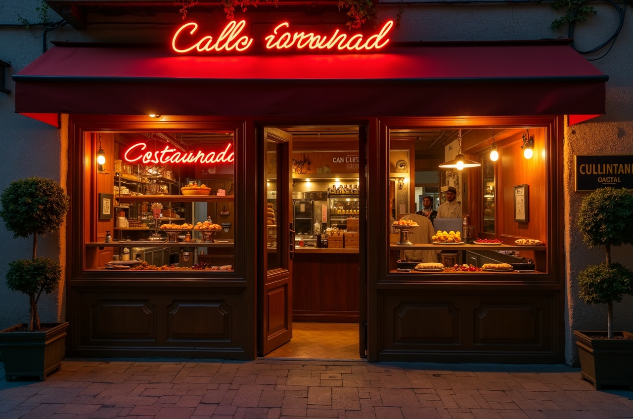 Fachada angosta de un restaurante con puerta de madera y ventana chica, calle empedrada de Madrid